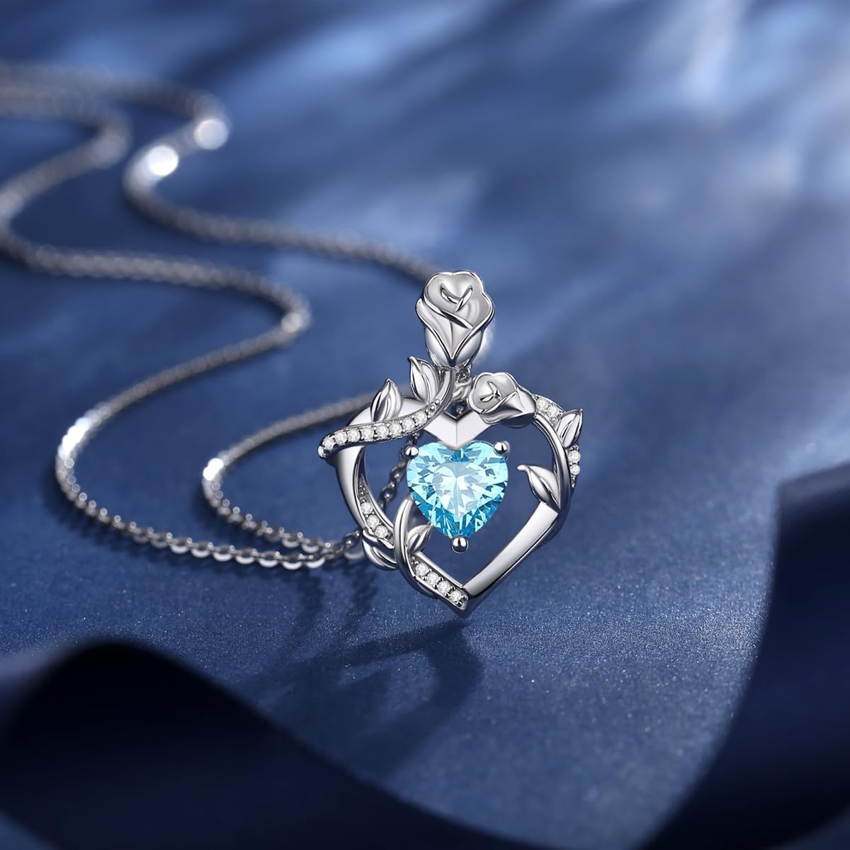 AGVANA Valentines Day Gifts Rose Birthstone Necklace for Women Sterling Silver Rose Flower Heart Necklace Fine Jewelry Anniversary Birthday Gifts for Women Wife Mom Her, Length: 18"+2" - Image 3