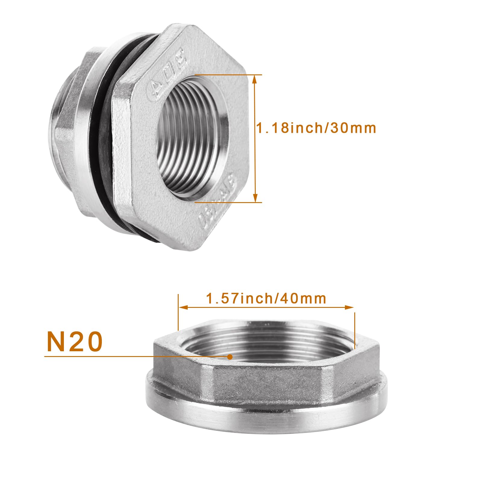 RHBLME 4 Pack 304 Stainless Steel Bulkhead Fitting 1/2 Inch, FPT Bulkhead Water Tank Connector Adapter Fitting with Gasket for Bathtub, Water Tank, Sink, etc
