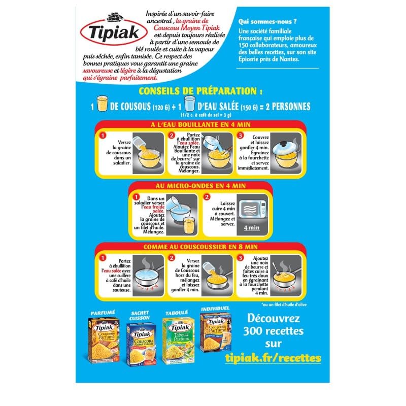 Délice Maghrébin: Couscous Moelleux TIPIAK 1kg | Grains d'Excellence | Parfait pour Recettes Authentiques | Epicerie Fine - Le Lot De 4