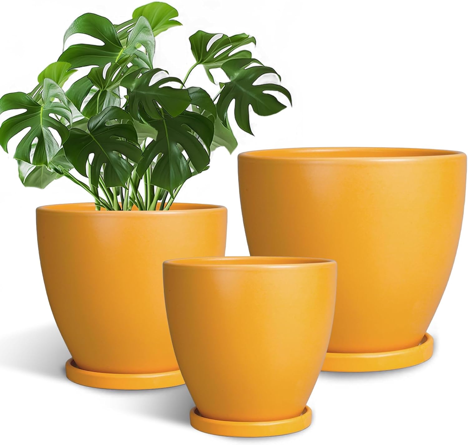 Ceramic Planters - 10+8+6 Inch Round Flower Pots for Indoor Outdoor, Decorative Plant Pots with Drainage Holes and Plant Saucers, Home Decor, Gardening Gifts for Women, Set of 3, Orange