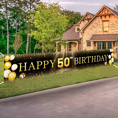 Image of TZSS Black & Gold 50th Birthday Banner Decorations - Extra Large 118 inchx20 inch Reusable Yard Sign for Women & Men, Over The Hill Party Decor Indoor Outdoor, 50 and Fabulous Happy 50th