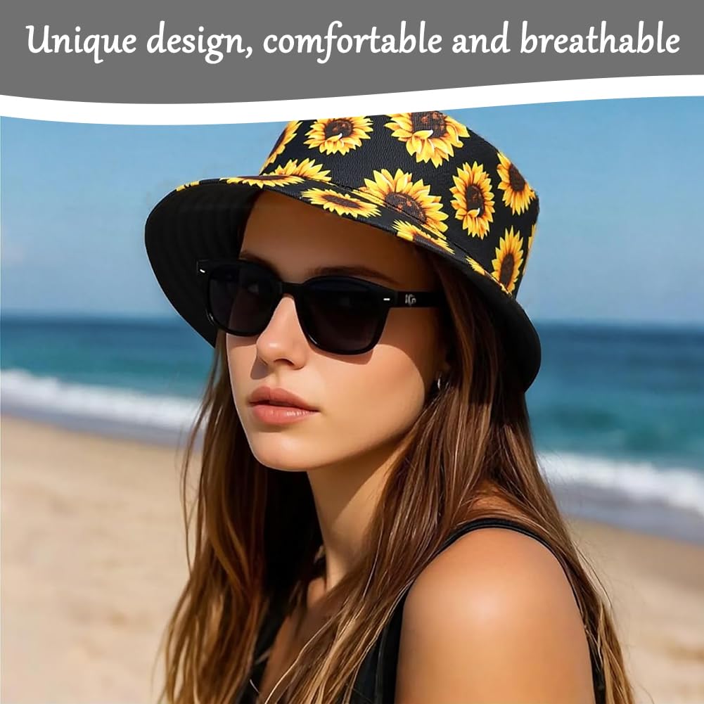 Moda Imprimir Bucket Hat Summer Fisherman Cap para Hombres Mujeres, Cute Crisantemo Imprimir, Fisherman Hat para el Verano Senderismo Camping Viajes Pesca Golf Beach(Black)