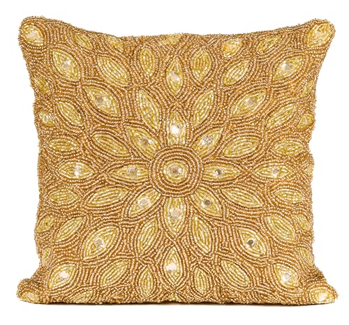 Olio Marfa Luxury Pillow Covers Hand-Beaded Square Cushion Cover - 12x12 inch Throw Pillow with Elegant Peacock Design - Handmade Accent Pillow By Indian Artisans - Gold