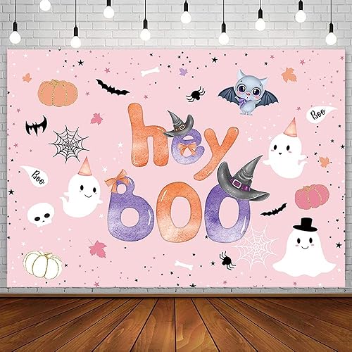 Sendy Fondo de 7 x 5 pies de Hey Boo para Halloween, baby shower, fiesta de cumpleaños, suministros para dulce niña, fantasma, murciélago, calavera,