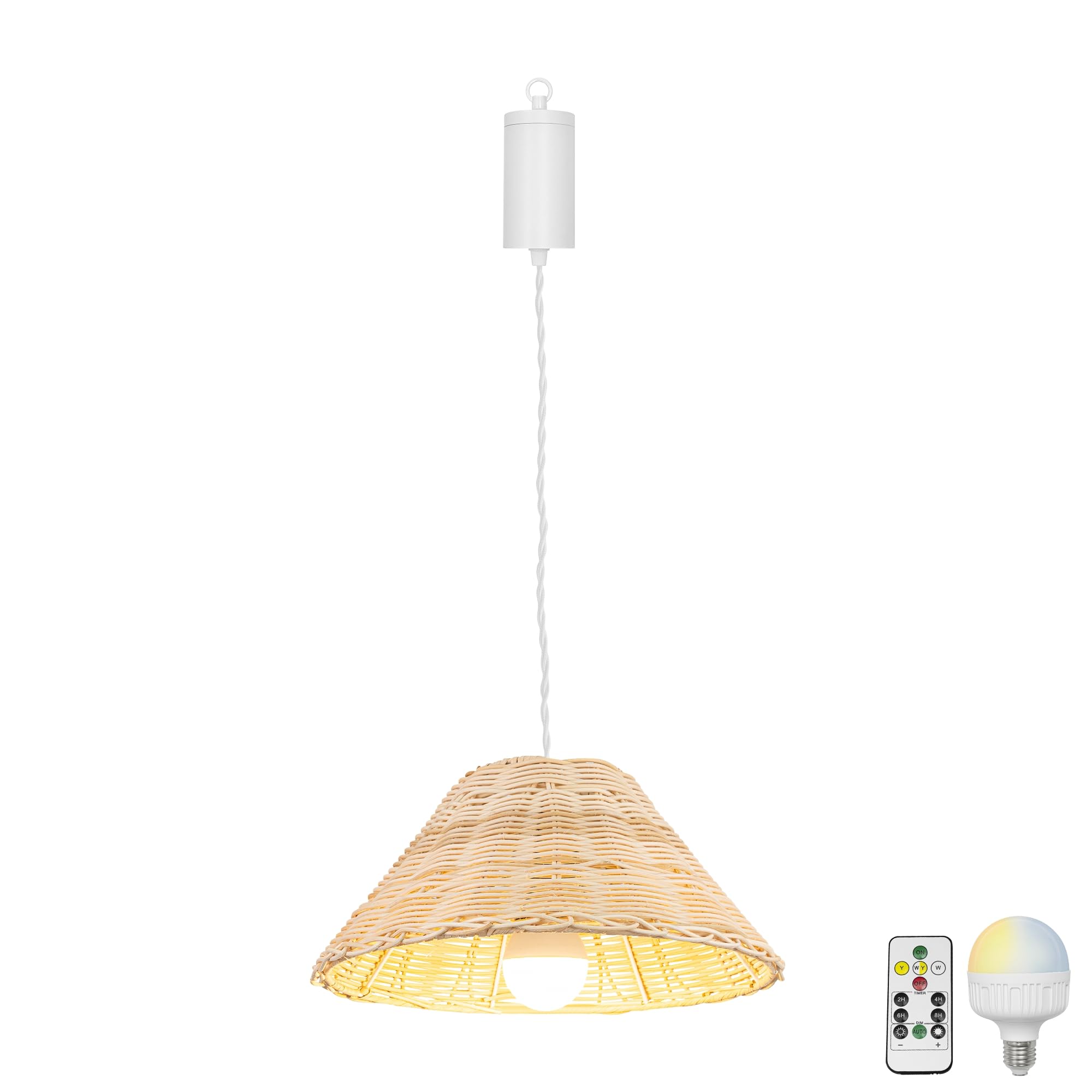 Dimmbare Hängelampe mit Batterie Innen,1 Packung Rattan Hängeleuchte Batteriebetriebene Lampe, Pendelleuchte ohne Strom Stromanschluss für Küche Nachttischcafé,DZ0526