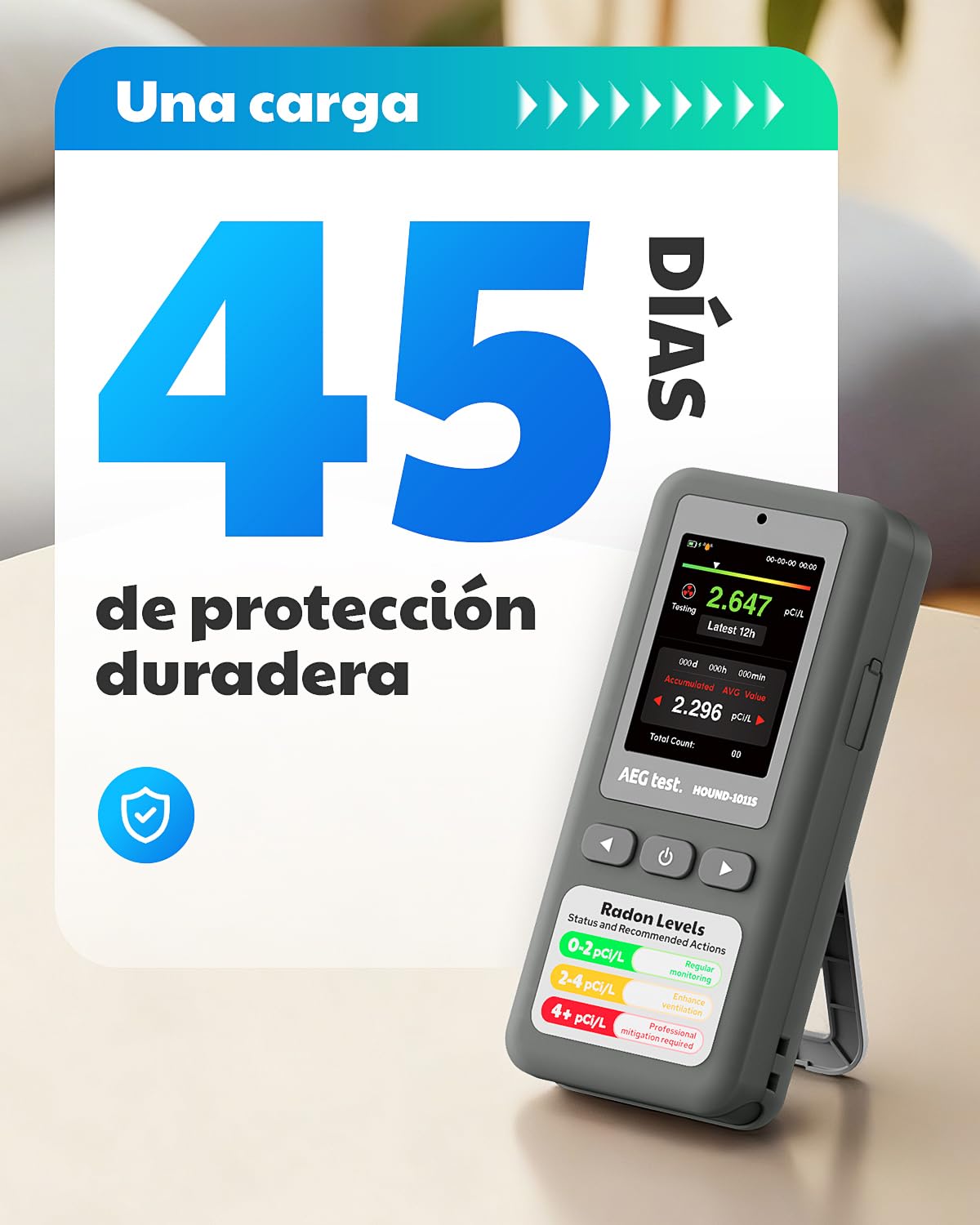 HOUND-1011S Detector de radón portátil, Sensor de Alta precisión para el hogar, Ligero, Alarmas sonoras y visuales, Monitoreo a Largo Plazo, Probador de radón fácil de Usar en pCi/L o Bq/m³