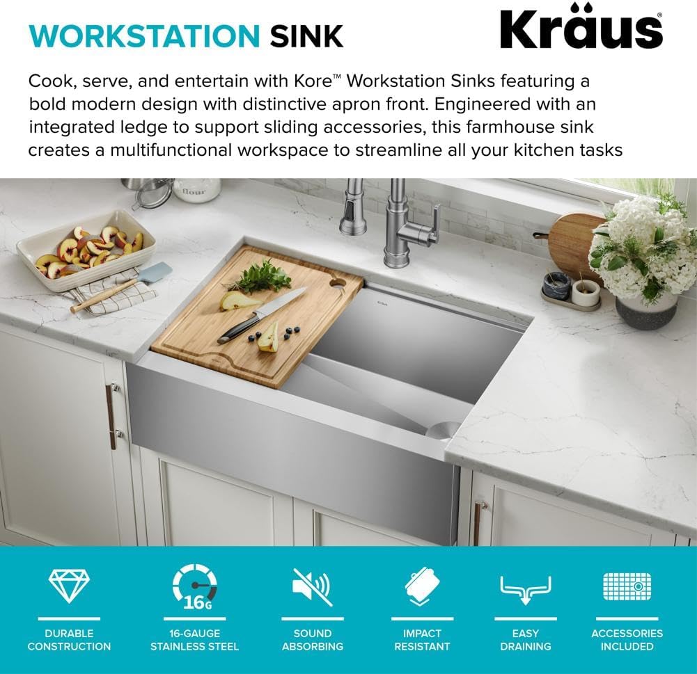 Kraus Kore 30-Inch Rounded Farmhouse Workstation with In Sink Dish Drying Rack, Stainless Steel Kitchen Sink, KWF210-30