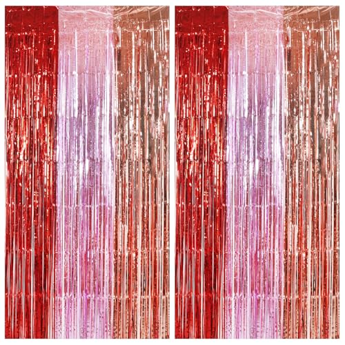 Image of TONIFUL Valentine's Day Door Streamers,Red Pink and Rose Gold Photo Booth Backdrop Metallic Streamers Foil Fringe Curtain for Birthday Valentine's Day Bridal Shower Engagement Party Decoration