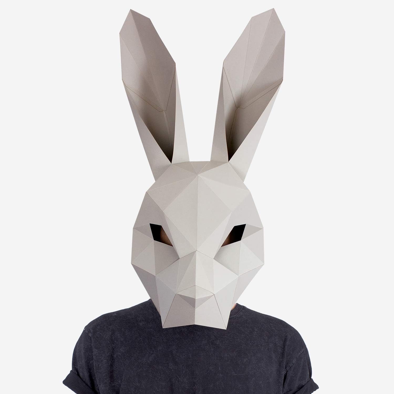 Hare Mask | Rabbit Mask | Animal Mask | DIY Paper Mask | Halloween Mask | Adults & Children | Geometric 3D Design | Low Poly Mask Grey