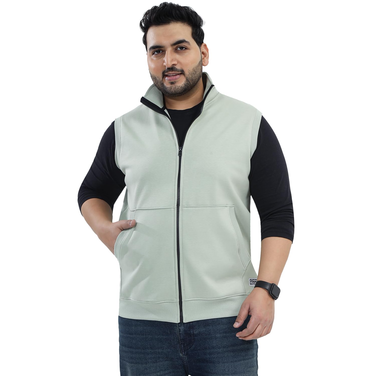 john pride Plus Size Men Regular Fit Solid Fleece Green Sleeveless Mock Collar Front-Open Sweatshirt (JPSWT75259_Green)-picture-35