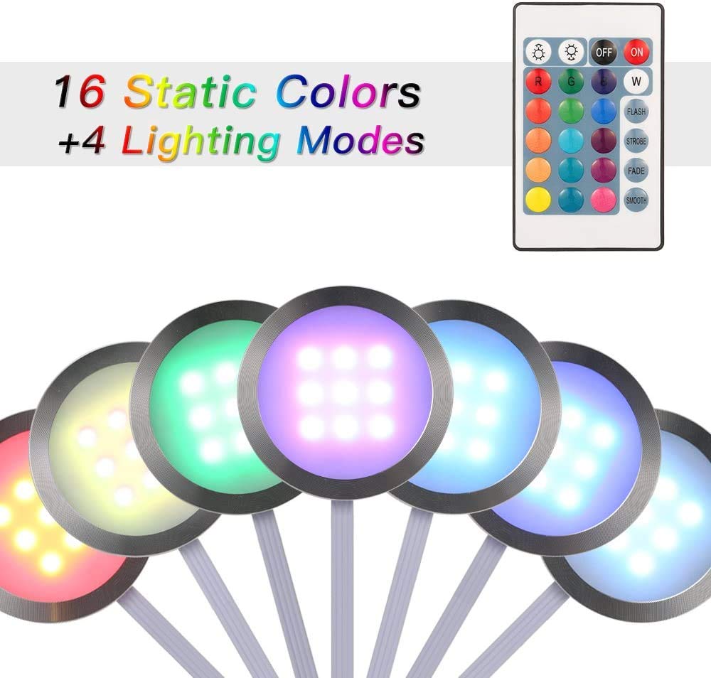 Lixada Kit de Luz del Gabinete 4PCS RGB SMD5050 Luz Nocturna Puck Lámpara Color Cambiante Regulable Brillo Ajustable con Control Remoto para la Cocina Estar de Sala Librero Armario