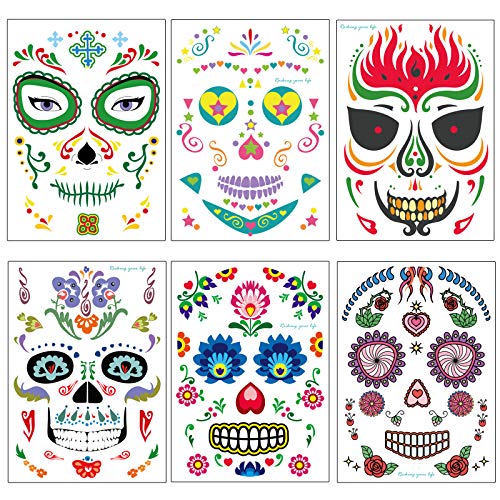 Tailaimei 12 Sheets Day Of The Dead Face Skeleton Tattoos/Dia De Los Muertos, Halloween Sugar Skull Costume Makeup Temporary Tattoos For Costume Apparel Party #TOP4