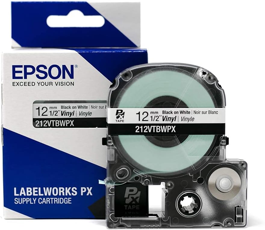 LABELWORKS 212VTBWPX Tape Cartridge - Black on White Flexible and Durable Vinyl Industrial Label Maker Tape - 1/2" (12MM) Wide, 22.9 ft