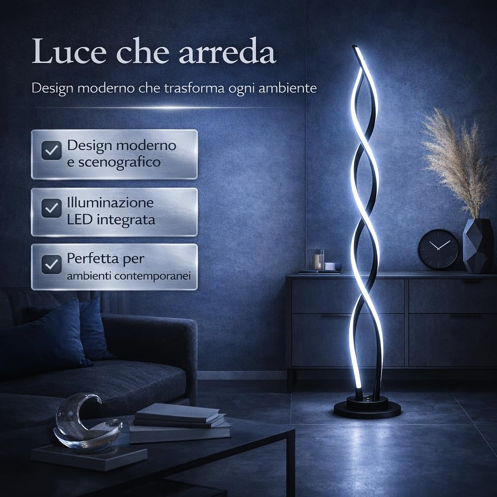 Arcadia Lampada da Terra LED Moderna Spirale | Piantana Design Contemporaneo | Luce Calda/Fredda | Lampada Salotto Camera da Letto Studio, Arredo Interni Elegante 120 cm (Nero)