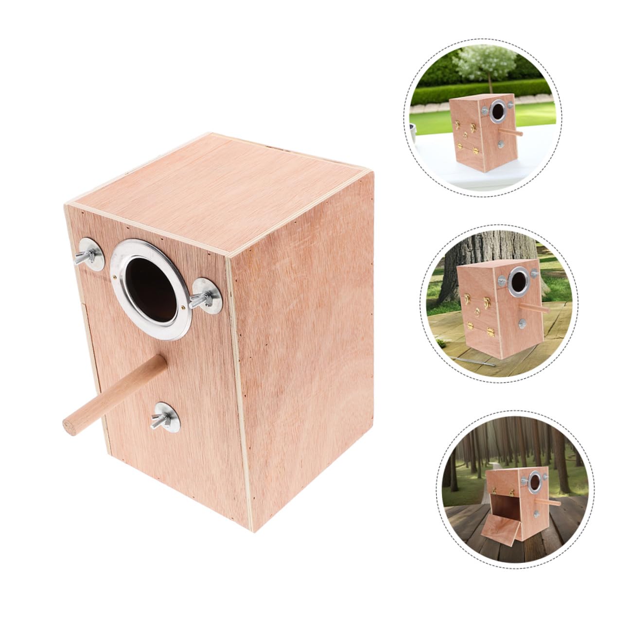 Veemoon Caja de Cría para Periquitos de Madera Natural con Soporte y Colgante Ambiente Cálido para Agapornis Cacatúas y Loros Fácil Instalación y Mantenimiento para Voladeras Exteriores