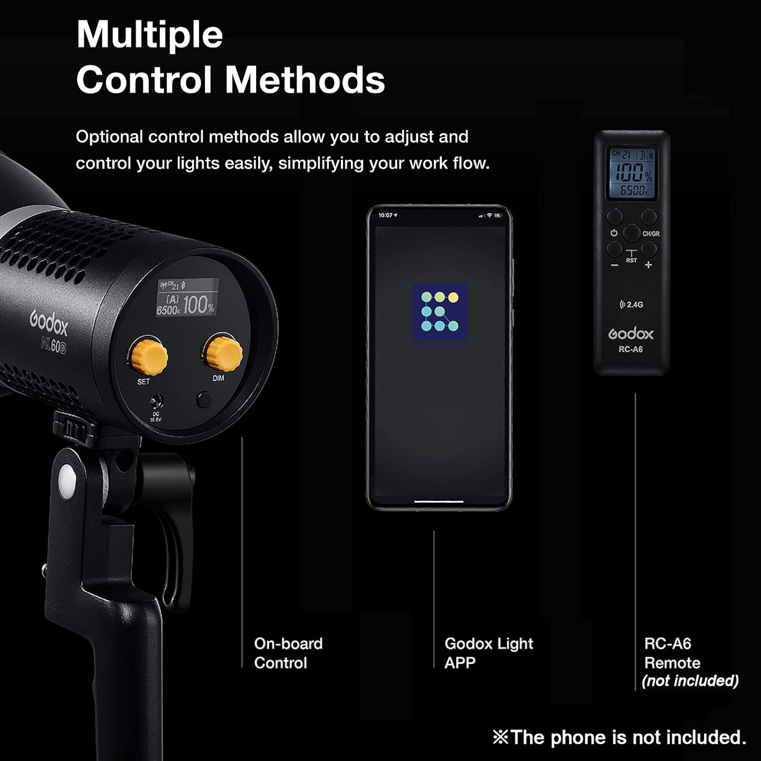 Godox ML60Bi LED Studio Light 60W Dual Color Temperature 2800-6500K CRI96 TLCI97 Adjustable Brightness 16 Groups 32 Channels Godox Stand with Handle Mobile APP Control for Live Video Shooting