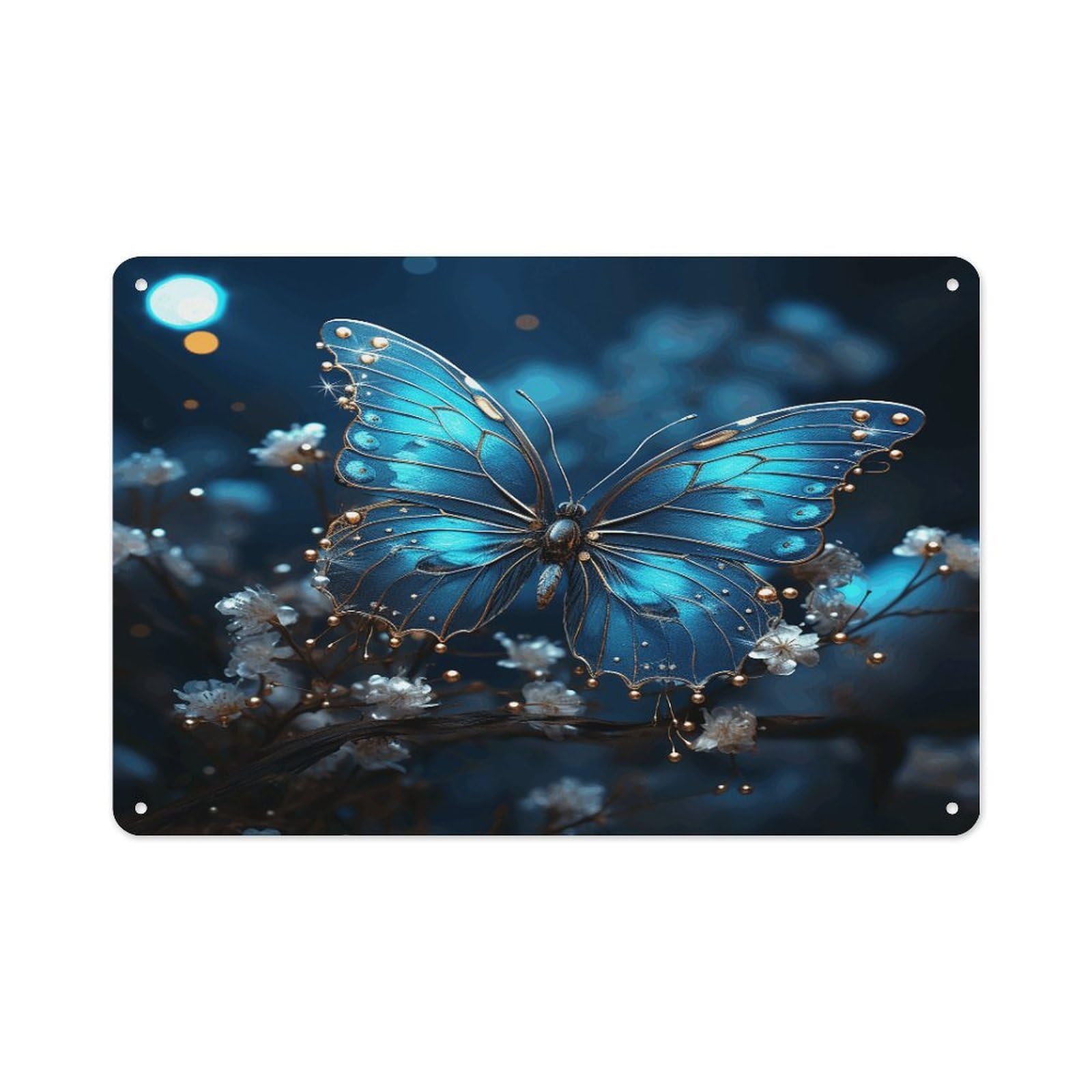 VstaDank Metal Aluminum Blue Butterfly And Moon Sign Wall Decor Vintage Metal Sign Plaque Boho Wall Hanging Decor Sublimation Picture Panel Personalized Plaque Poster 8x12in