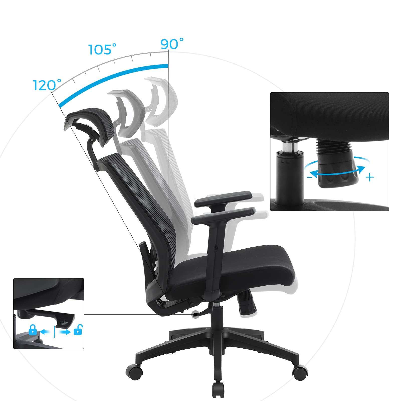 SONGMICS Sedia da Ufficio Ergonomica, Poltrona in Rete con Schienale Alto, Girevole a 360°, Schienale Regolabile Bloccabile a 90° 105° 120°, Supporto Lombare, Nero OBN55BK