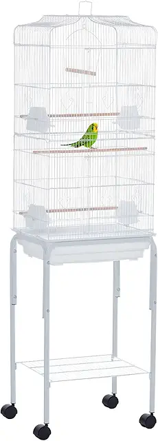 PawHut Jaula para Pájaros con Ruedas 46,5x36x157 cm Jaula Metálica de Aves con Puertas 4 Comederos 3 Perchas Bandeja Extraíble y Estante de Almacenaje para Canarios Periquitos Blanco