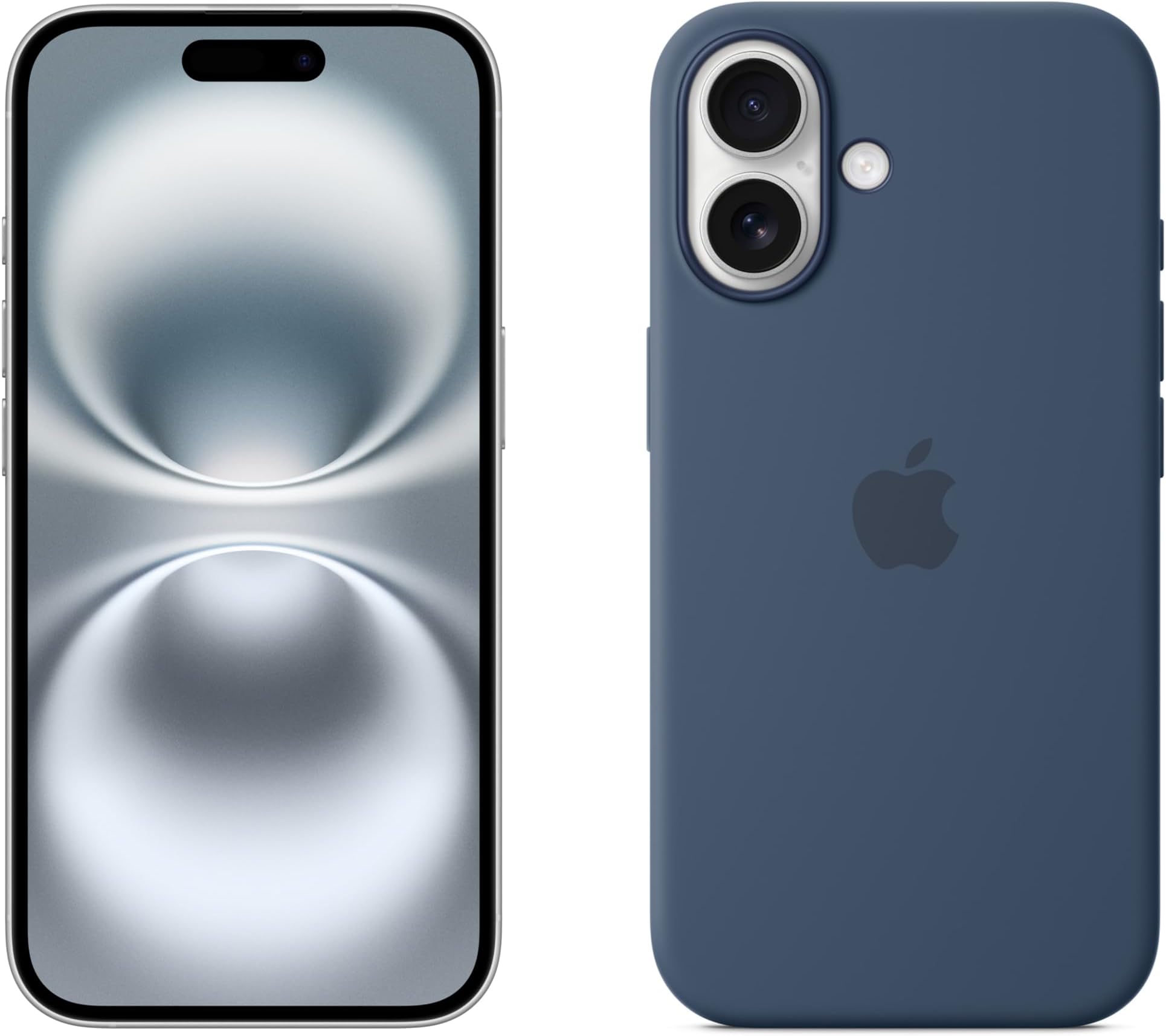 Apple iPhone 16 128GB: 5G Mobile phone with Apple Intelligence - White + Silicone Case with MagSafe - Denim