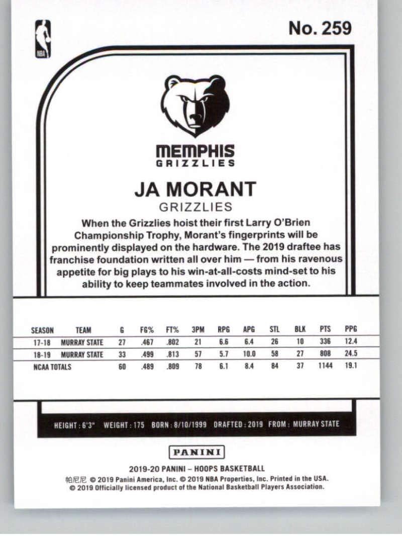 2019-20 NBA Hoops Basketball #259 Ja Morant Memphis Grizzlies RC Rookie Card Official Panini Trading Card