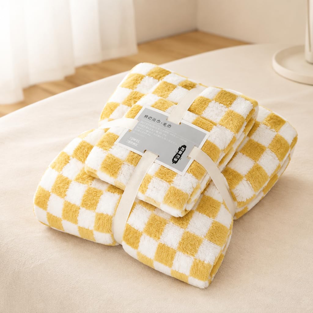 Lkw Ogechi 2 Pack 75x140cm Checkered Bath Towel and 75x35cm Hand Towel Bale Set, Super Soft Bath Towels for Bathroom, Highly Absorbent Quick Dry Checkered Shower Towels (Yellow)