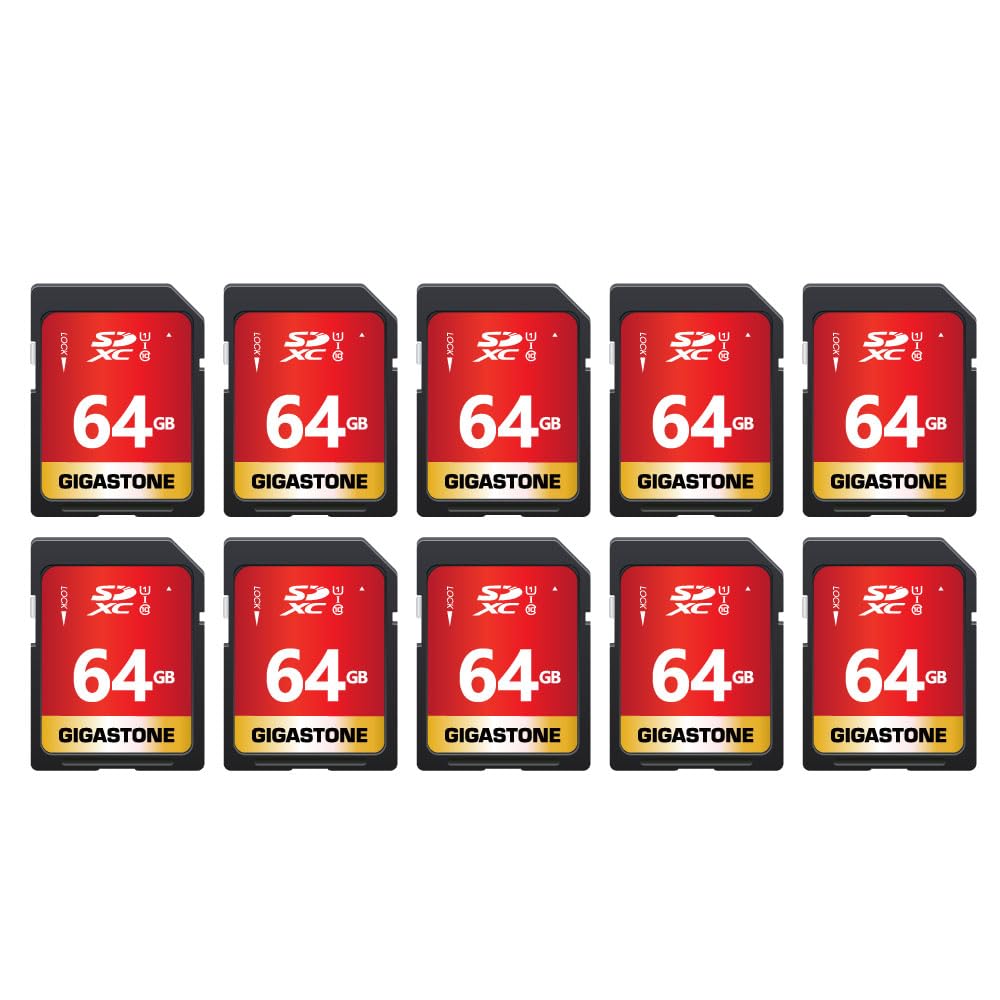 GIGASTONE Tarjeta de Memoria SDXC 64GB, Prime Serie, Velocidad 80 MB/s. Compatible con Fotos, vídeos, música, videocámara, cámara, PC, U1 UHS-I Clase 10 para UHD Video, con 10 Mini Estuches