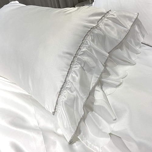 Miniatura 3 de Juego de ropa de cama, estilo princesa, sedosa, color nude, seda de hielo, juego de cuatro piezas, seda lavada de 5.9 ft, cama doble, Tencel, funda