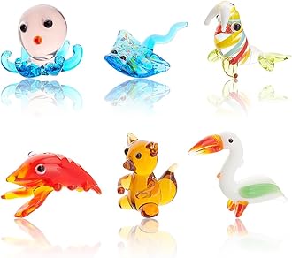 AHANDMAKER 6 Pcs Small Animals Figurines, 6 Styles Glass Animal Figurines for Table Home Decor, Bird Manta Ray Walrus Octopus Lobster Squirrel Glass Display Miniature for Anniversary Birthday Gift