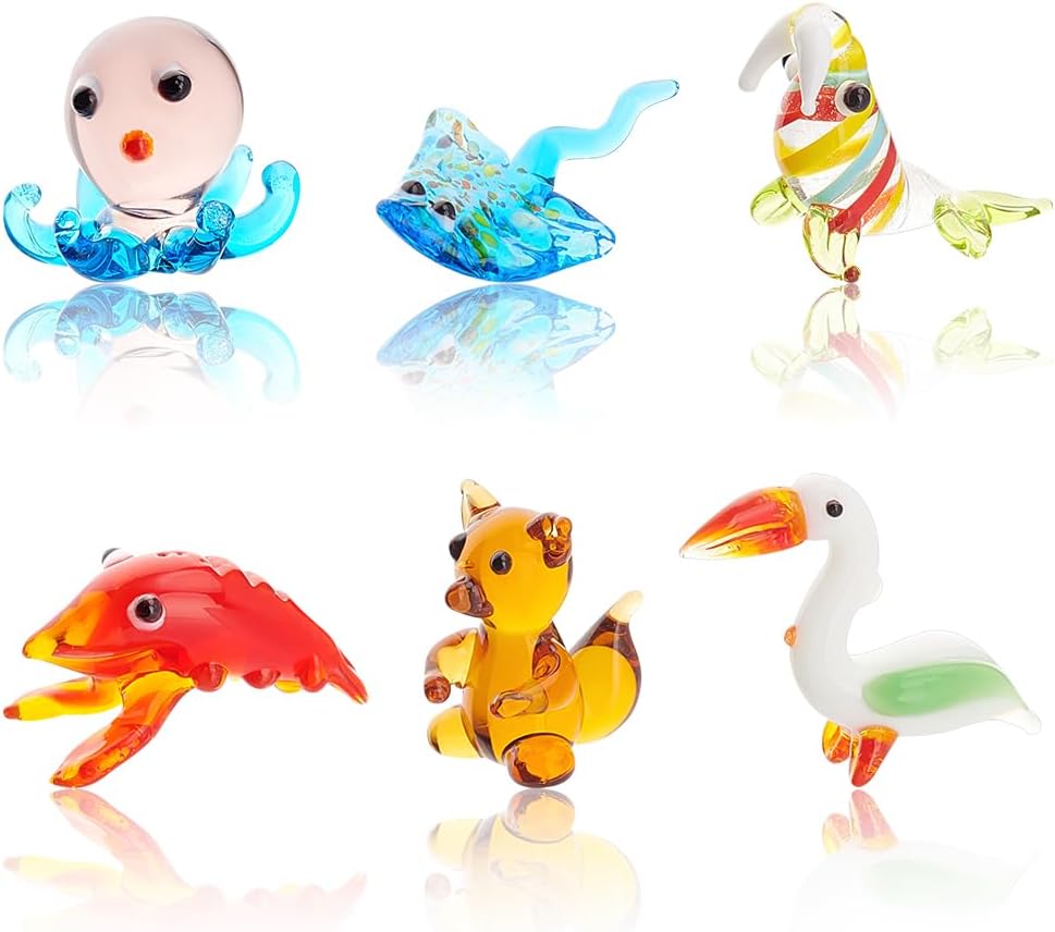 AHANDMAKER 6 Pcs Small Animals Figurines, 6 Styles Glass Animal Figurines for Table Home Decor, Bird Manta Ray Walrus Octopus Lobster Squirrel Glass Display Miniature for Anniversary Birthday Gift