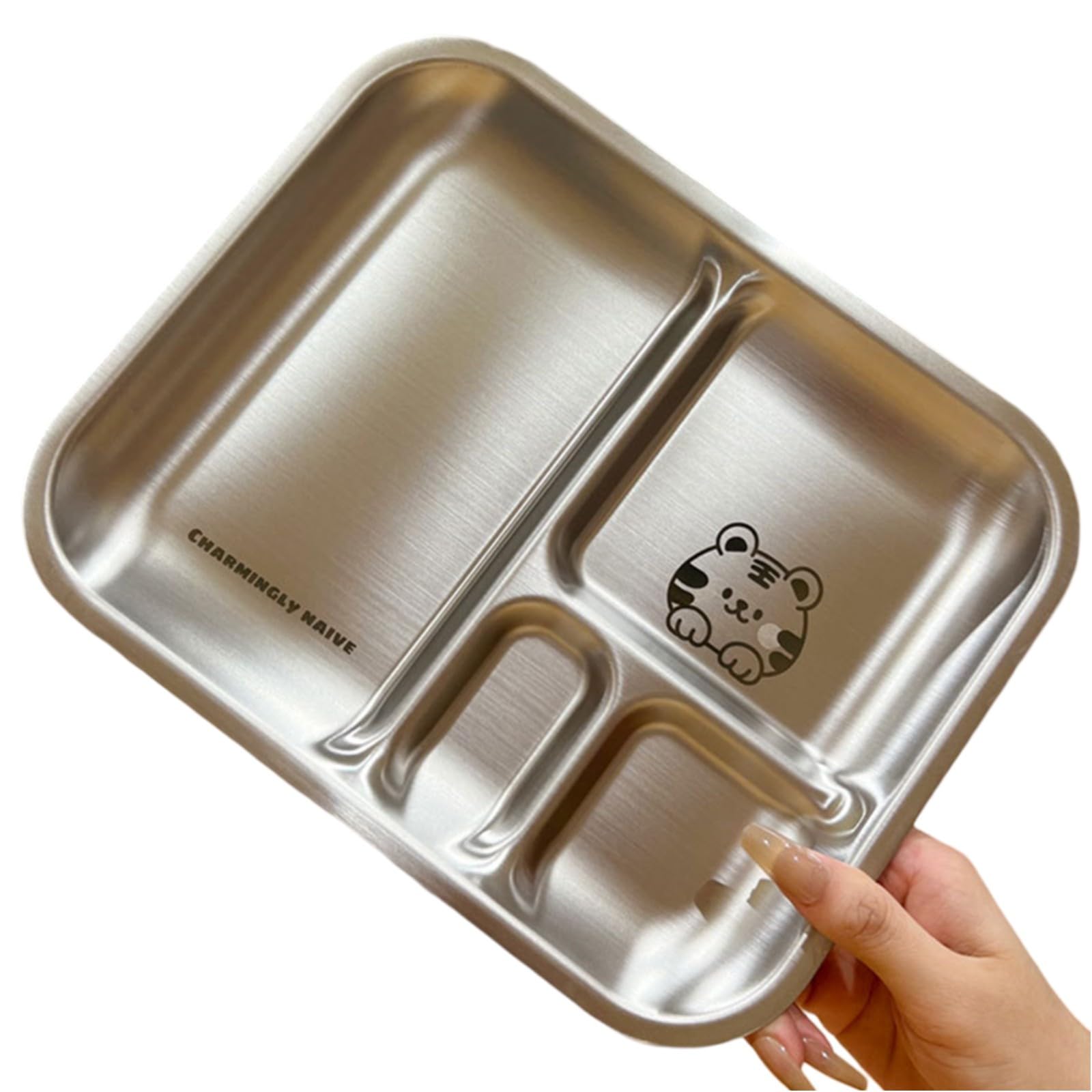 Homefurnishmall Assiettes à dîner divisées en acier inoxydable, 26 x 21 x 2 cm, vaisselle à 4 compartiments pour enfants, adultes, camping (pour tigre)