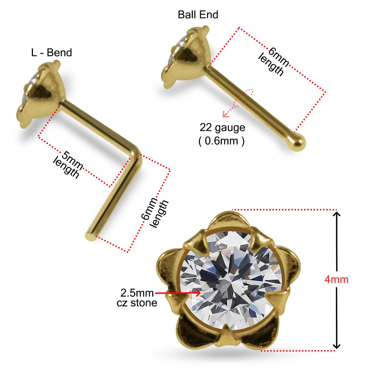 Piercing de nariz de oro amarillo macizo de 14 quilates con circonita cúbica sobre flor