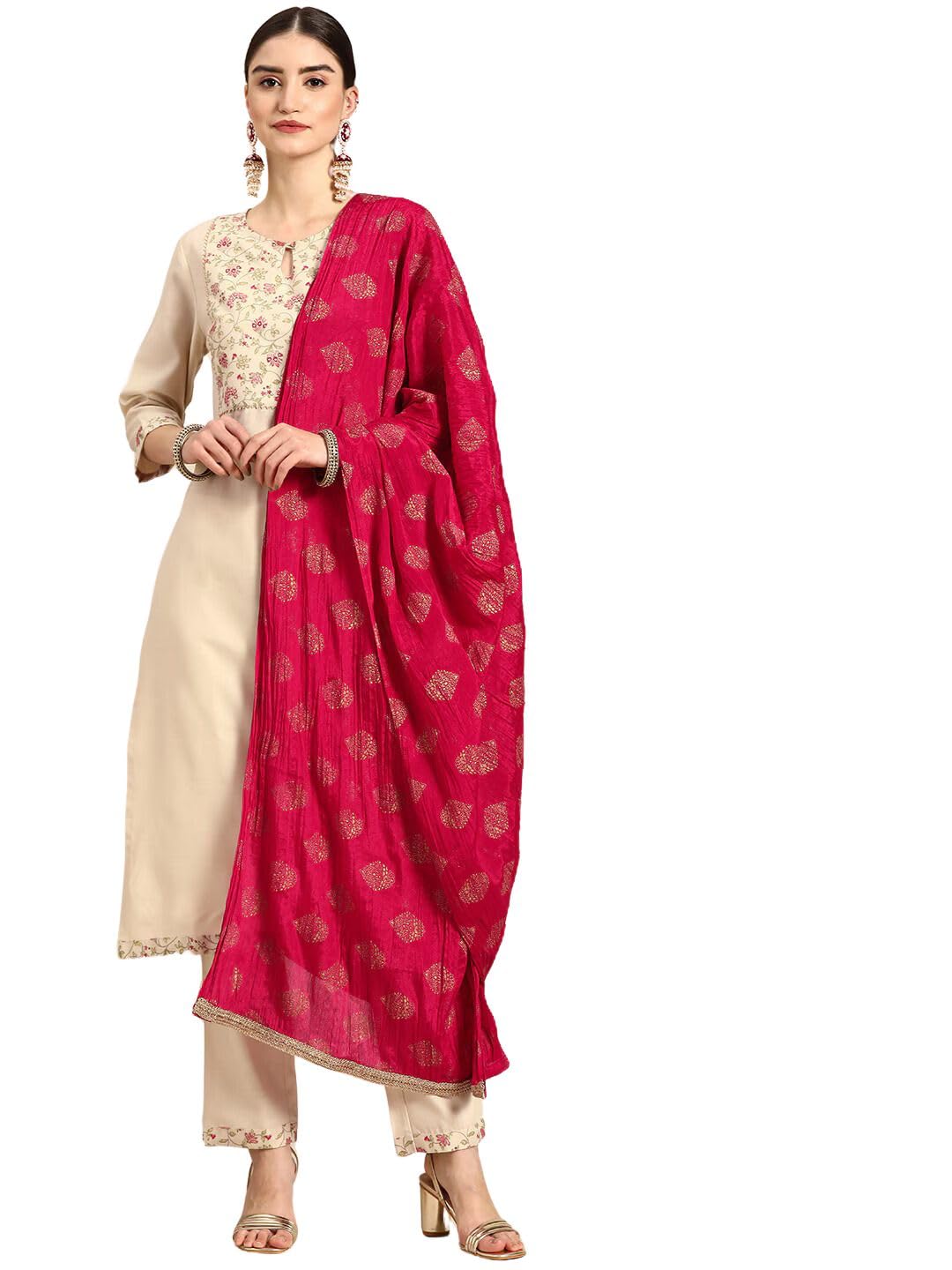Rytras Women's Embroidered Straight Kurta With Pant And Dupatta(Ryt516,Cream,3Xl)