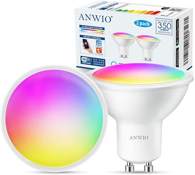 ANWIO Smart GU10 LED Bulb, 5W Alexa GU10 Led Bulbs Smart 35W Equivalent ,350Lm,GU10 Alexa WiFi Bulb,Works with Echo,Google Assistant ,Smart Life GU10,220-240V,No Hub Required(2 PCS)