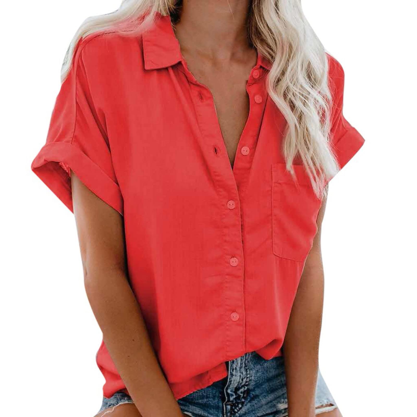 NUSGEAR 2023 Camisa de Manga Corta Mujer, Moda Verano Color sólido Blusa Camiseta Cuello en V Botones Suelto Oficina Negocios Tops Fiesta Casual T-Shirt Original tee Basic cómodo Jersey Tallas Grandes