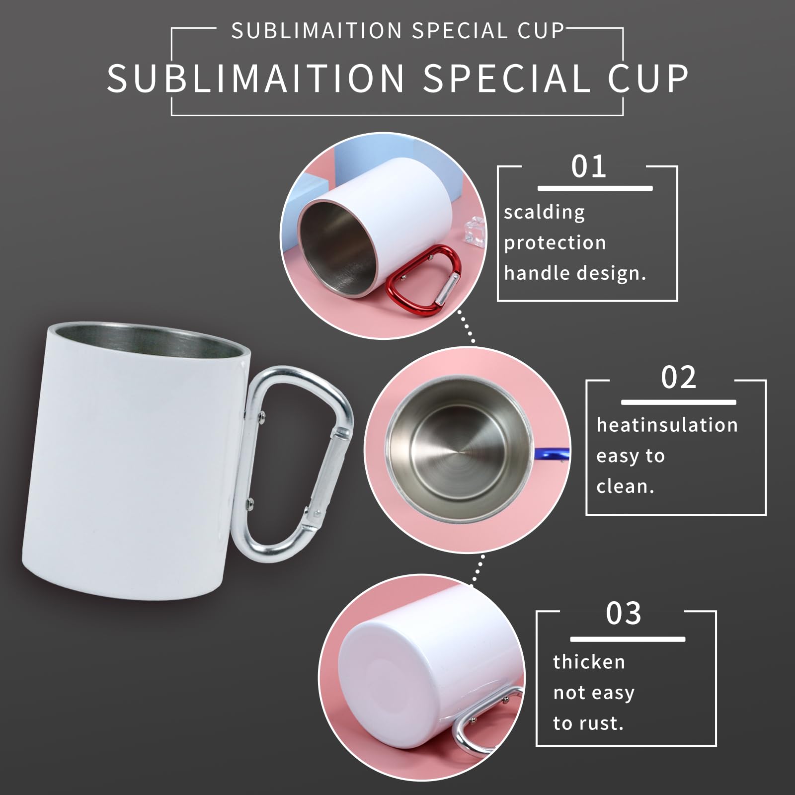 4 tazas de mosquetón de acero inoxidable en blanco de sublimación de 10 onzas con asas de, taza de café de viaje, taza de café portátil con asa para deportes al aire libre