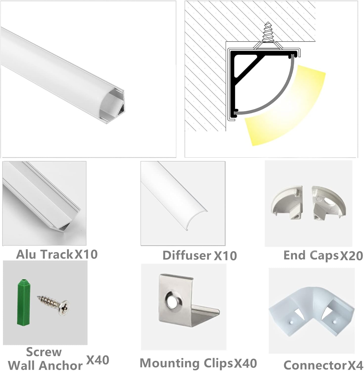 THMOOTHER UV Resistance 6.56FT V Shape LED Strip Channel Diffuser,10-Pack Aluminum Profile with Frosted Cover and Corner Connector,Tape Mounting Track for Cabinet Stairs Wall Outdoor (6.56FT, 10)