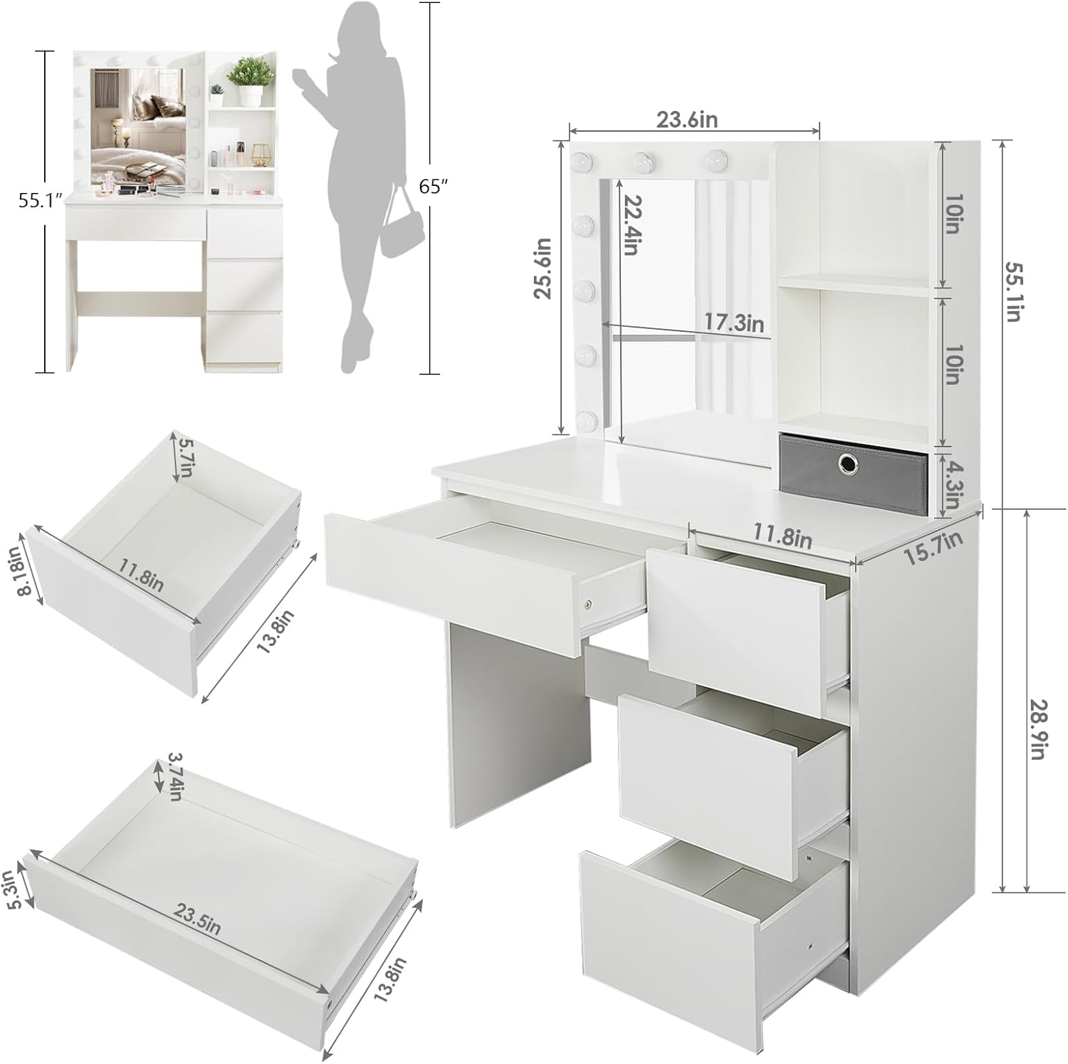 Close-up of the vanity's side shelf with an extra storage box, holding various beauty products.