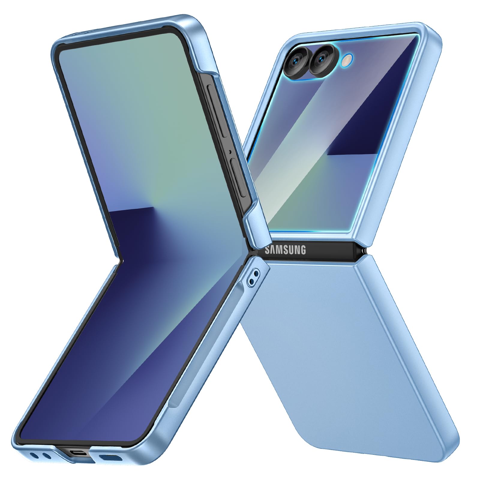 Ruky for Samsung Z Flip 7 Slim Case, with Built-in Back Screen Protector &amp; Support Wireless Charging Hard PC Ultra-Thin Full Body Protective Phone Cover for Galaxy Z Flip 7, Blue