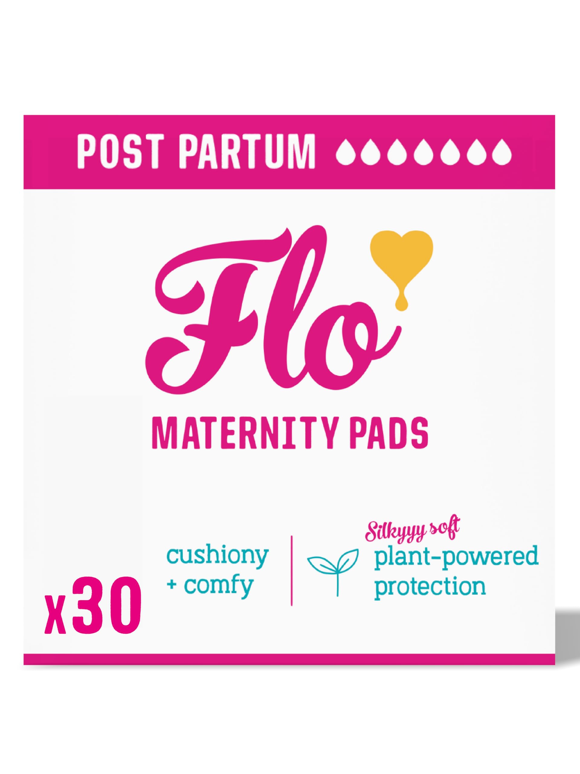 Flo - Extra Long Maternity Pads (30 Pack) - Super Soft + Breathable - 4 Wings - Heavy Flow - Organic Bamboo Period Pads for Women - Postpartum Essentials - Plant Based - Vegan & Cruelty Free