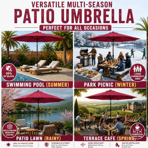 Image of Hukimoyo 8.5Ft Diameter Large Outdoor Patio Cantilever Offset Umbrella with Base Stand, Waterproof Heavy Duty Garden Parasol Sun Shade Canopy, Side Pole Umbrella for Backyard, Poolside, Deck, Lawn, Terrace, Cafe.