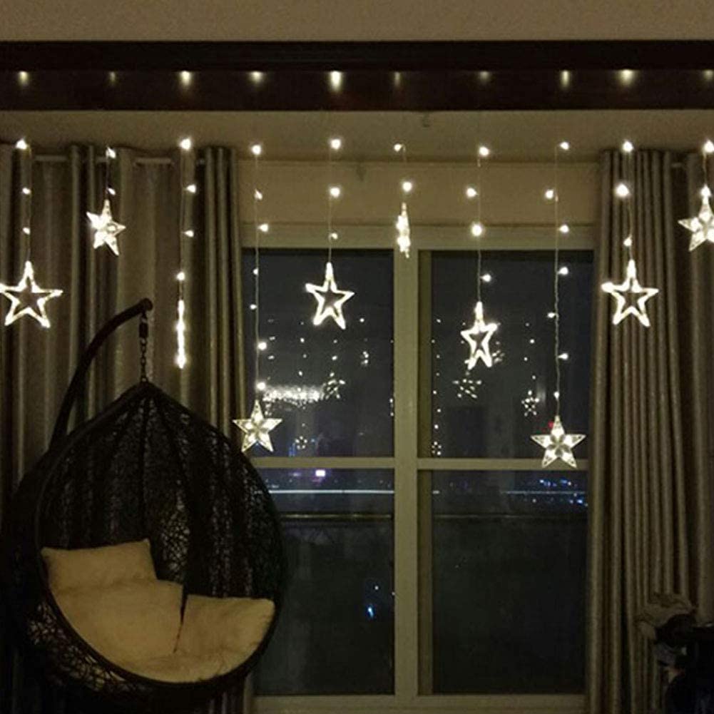 Cadena de luces LED para cortina, funciona con pilas, 2,5 m con 12 estrellas, 138 luces LED, 8 modos de luces de Navidad para árbol de Navidad, fiesta, boda, dormitorio, decoración de Navidad (blanco)