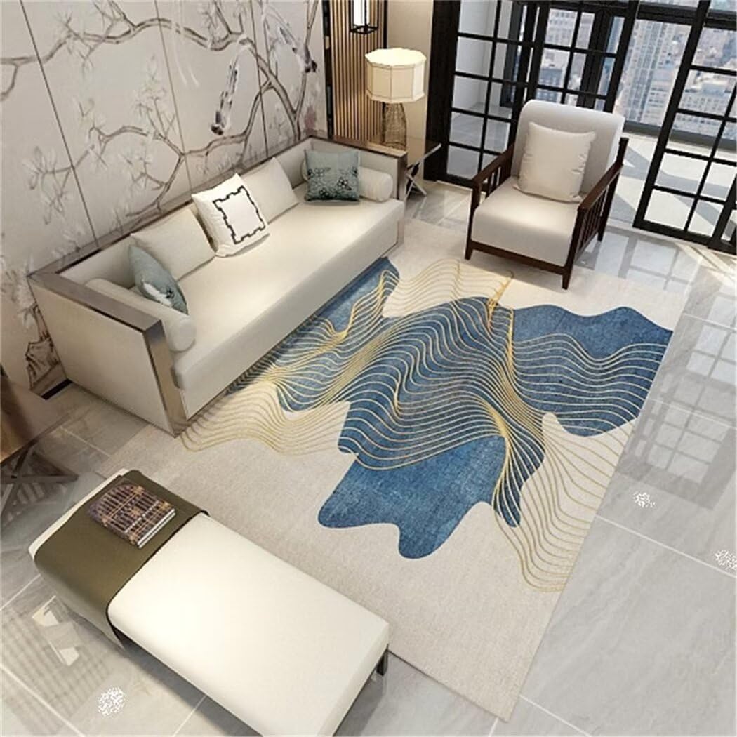 Tapis lavable à motif rayé abstrait bleu 200x300 cm tout doux pour grand salon
