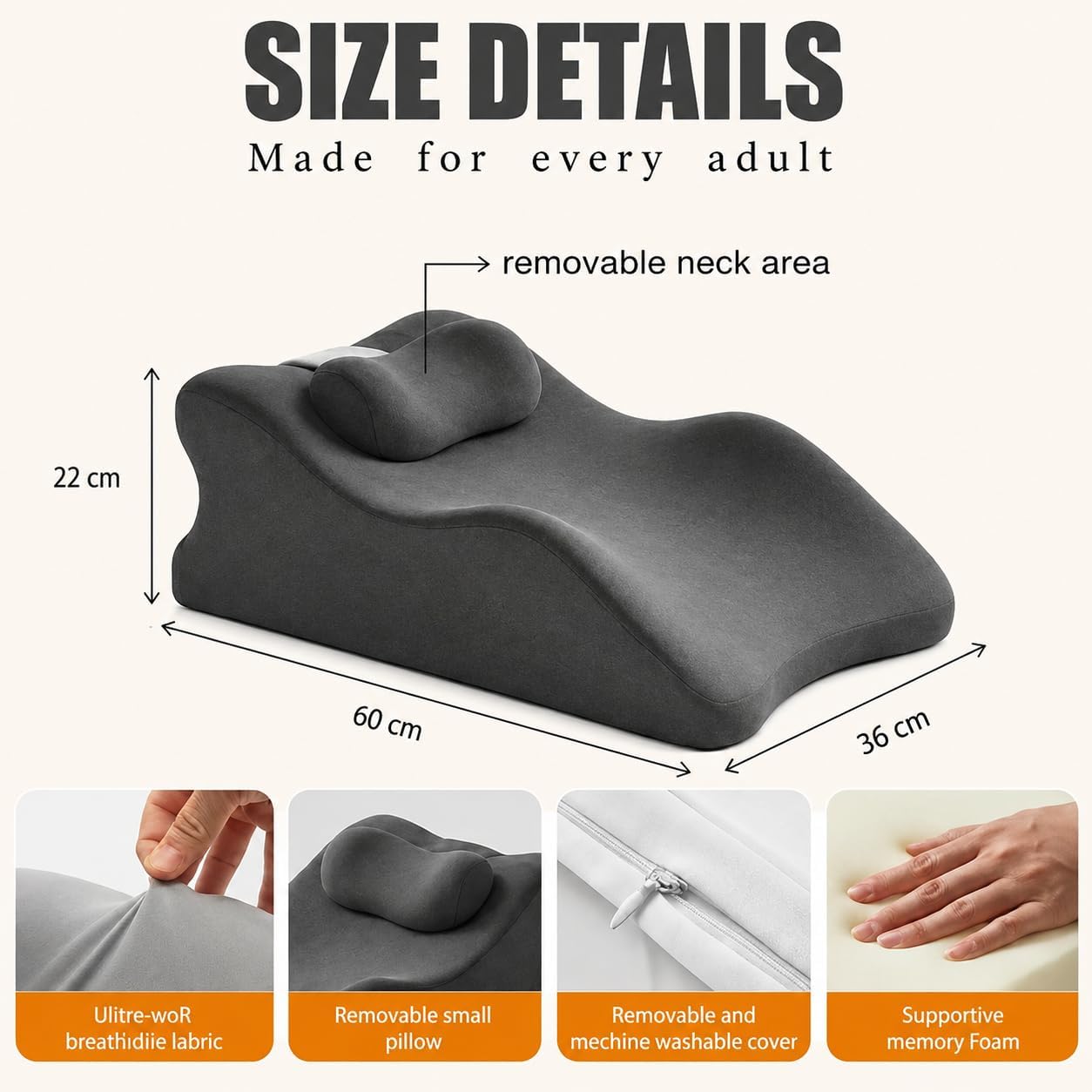 Memory Foam Cushion for Couples & Pregnant Women, Multi-Angle Orthopedic Support for Couples & Massage, Ergonomic Pillow for Relaxation, Sleep & Intimacy with Removable Cover (All Grey)