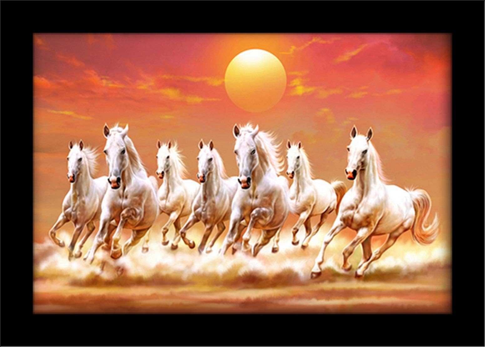 LIFEHAXTORE Seven Lucky Running Vastu Horses Art Framed painting | Ready to hang - (Wood, 12inch x 18 inch)