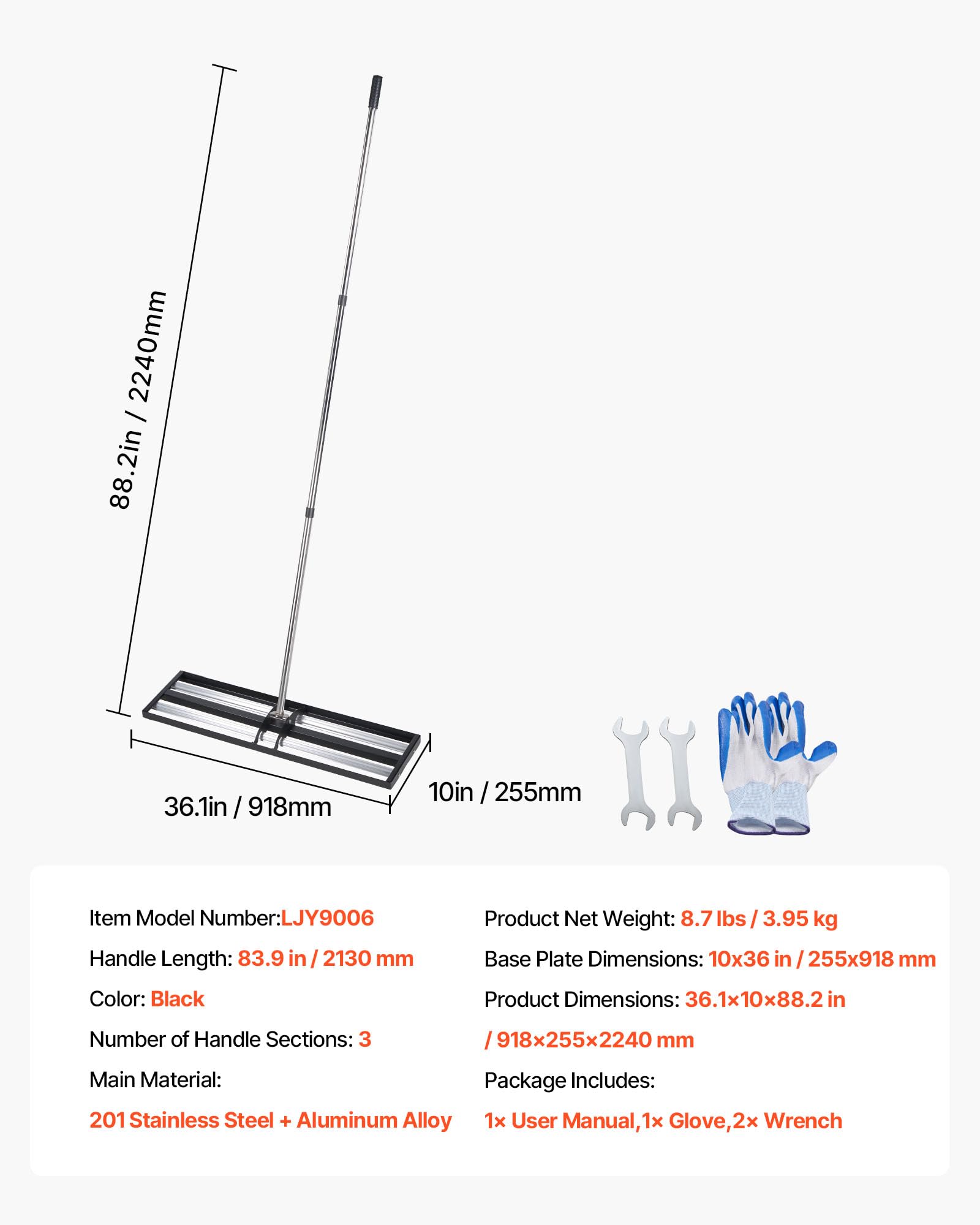 VEVOR Grabie 254 x 914 mm Rolka ze stali nierdzewnej Wyrównanie trawnika z regulowanym uchwytem 213 cm, do ogrodu na farmie pole golfowe