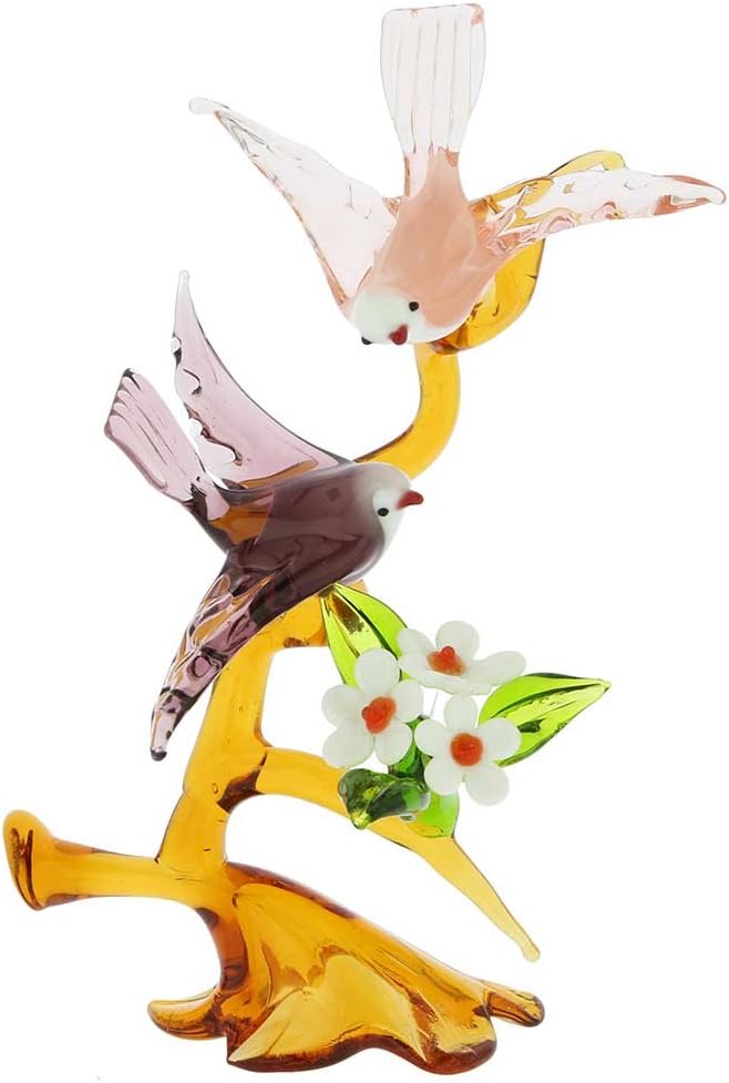 GlassOfVenice Murano Glass Birds On a Tree with Flower - Purple and Pink