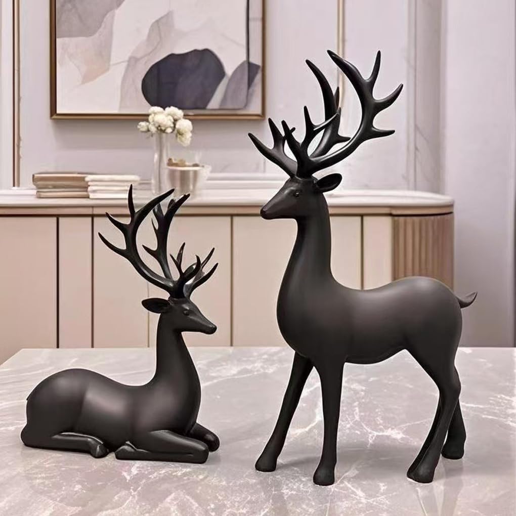 Set de 2 Figuras Decorativas de Renos, Adorno Multifuncional Resina, Pulido a Mano, Ideal para Dormitorio o Escritorio, Negro