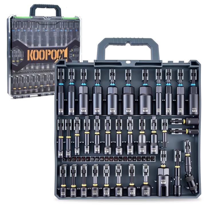 KOOPOOL Magnetic Impact Nut Driver Set, Metric & SAE Driver Bit Set with Socket Adapters, Bit Holder, Wing Nut Driver, Universal Sockets, Quick Release Extension, Power Bits