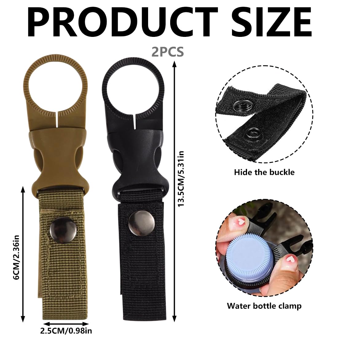 WeddHuis Set 2 Pezzi Porta Borraccia, Clip in Nylon per Cintura e Tasche, Ganci per Bottiglie d'Acqua con Moschettone, Accessorio Outdoor per Escursioni e Viaggi (Nero, Khaki)
